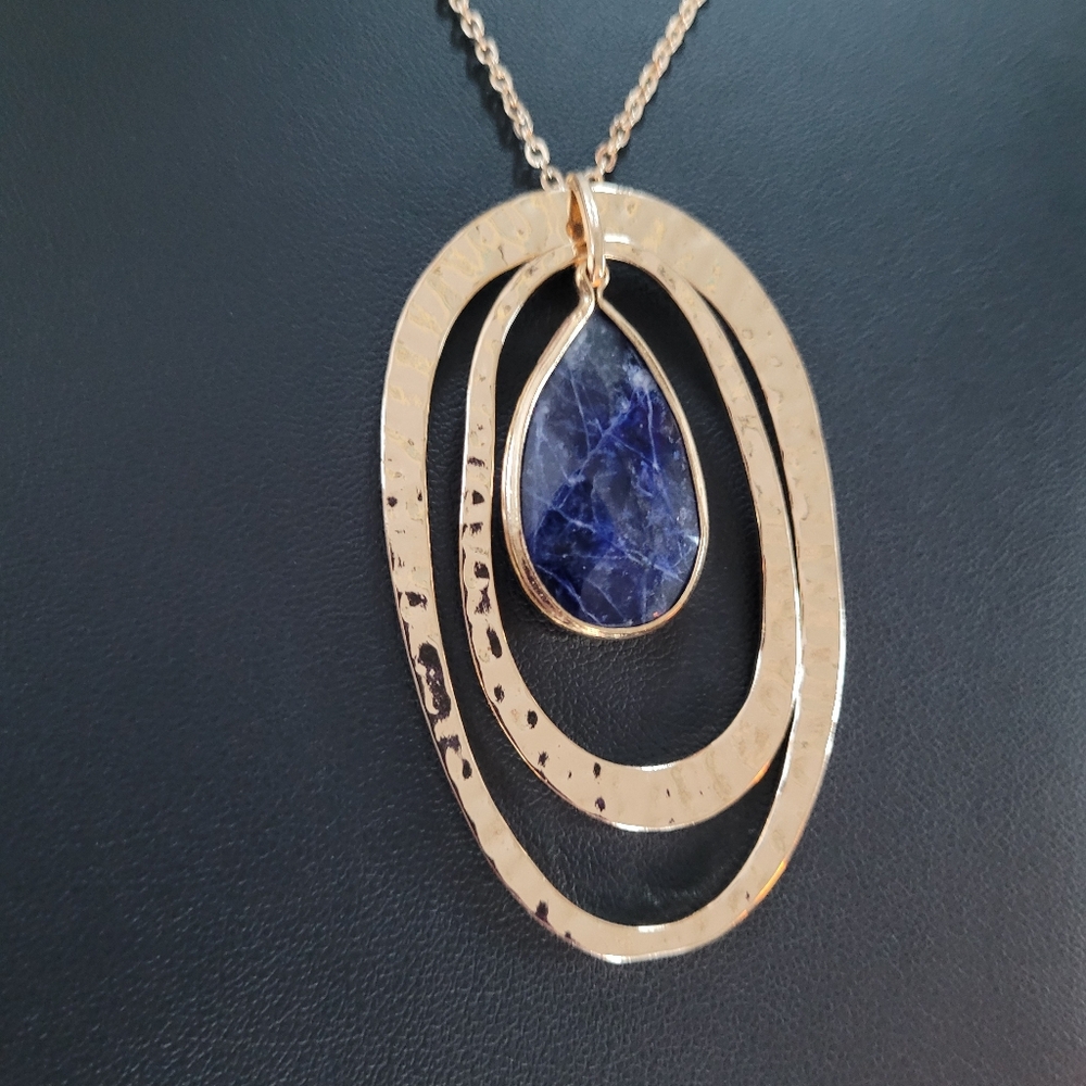 Versona Blue Marbled Teardrop Framed By Hammered Look Gold-tone Ovals Necklace